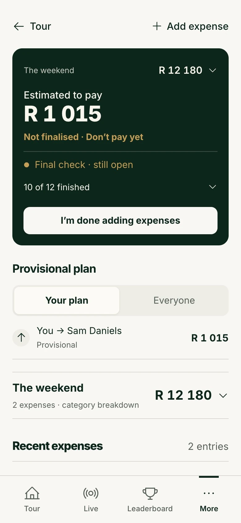Shared expenses in Haven Cup