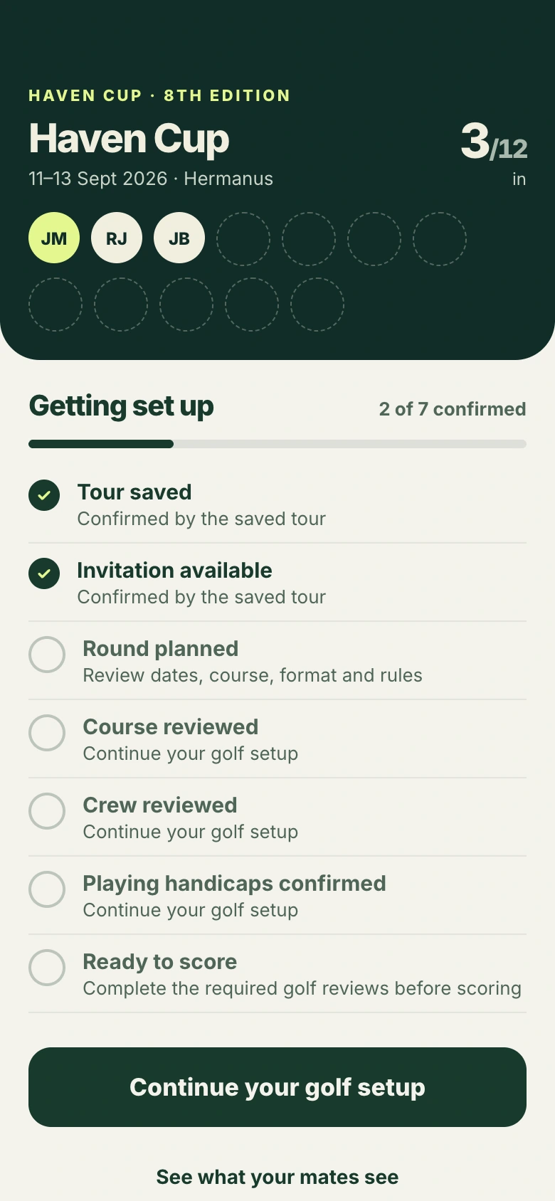Haven Cup organiser home with three sample joins and setup progress